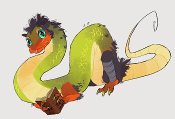 Rule 34 | :p, animal focus, art fight attack, bandaged leg, bandages, blue eyes, book, borrowed character, colored extremities, commentary, dragon, english commentary, gift art, head tilt, highres, holding, holding book, looking at viewer, no humans, original, smile, toebeez, tongue, tongue out, whiskers