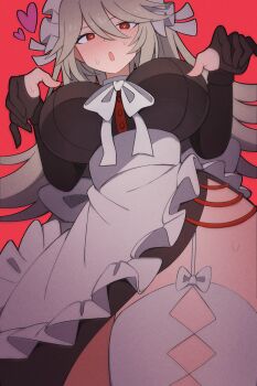 1girl alexandrina_sebastiane apron black_dress black_gloves blush breasts dress ghost_pose gloves grey_hair heart heart-shaped_pupils highres large_breasts looking_at_viewer maid maid_apron maid_headdress nishitin open_mouth partially_fingerless_gloves red_background red_eyes solo symbol-shaped_pupils thighhighs white_apron white_headdress white_thighhighs zenless_zone_zero