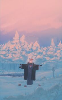 1girl absurdres black_gloves black_haori black_scarf blunt_bangs closed_eyes commentary diamond_hairband double_bun floomf flower forest furisode gloves hair_bun hair_flower hair_ornament haori highres hololive hololive_english japanese_clothes kimono long_hair mackintosh_rose nature ninomae_ina'nis ninomae_ina'nis_(new_year) official_alternate_costume official_alternate_hairstyle open_mouth outdoors pine_tree pointy_ears print_kimono purple_hair scarf snow solo_focus straight_hair sunlight t-pose takodachi_(ninomae_ina'nis) tree virtual_youtuber wide_shot winter