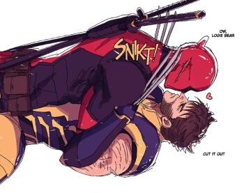 2boys arm_hair beard belt bleeding blood bodysuit brown_hair claw_(weapon) closed_eyes closed_mouth cuts deadpool deadpool_&amp;_wolverine deadpool_(series) english_text facial_hair gloves heart injury katana lying lying_on_person male_focus marvel marvel multiple_boys muscular muscular_male noses_touching on_back pectorals ppoooooolvrmm red_bodysuit red_mask short_hair sword sword_on_back utility_belt weapon weapon_on_back wolverine_(x-men) x-men yaoi yellow_bodysuit