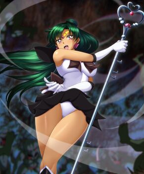 Rule 34 | 1girl, bishoujo senshi sailor moon, breasts, clothes lift, earrings, elbow gloves, gloves, jewelry, large breasts, leotard, long hair, m.i.y, magical girl, meiou setsuna, multiple boys, open mouth, pleated skirt, sailor collar, sailor pluto, sailor senshi uniform, skirt, skirt lift, solo focus, teeth, tiara, upper teeth only