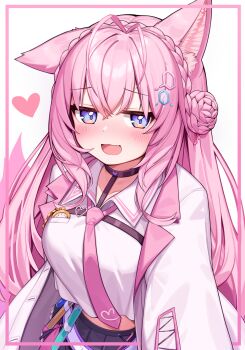 1girl :d animal_ear_fluff animal_ears antenna_hair black_choker black_skirt blouse blue_eyes blush braid braided_bun choker collared_shirt crown_braid deaver fang hair_between_eyes hair_bun hair_ornament hakui_koyori hakui_koyori_(1st_costume) heart highres hololive lab_coat midriff_peek open_mouth pink_hair pocket_watch shirt skirt smile solo test_tube upper_body virtual_youtuber watch white_background white_shirt