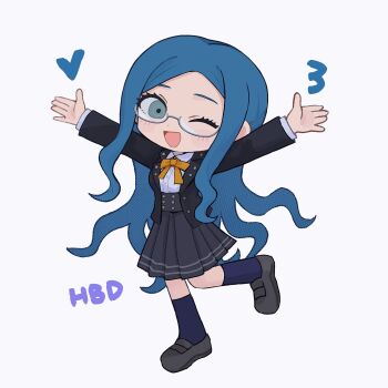 Rule 34 | 1girl, ;d, \o/, aqua eyes, arms up, black jacket, black skirt, blazer, blue hair, blush, bow, bowtie, breasts, buttons, chibi, chibi only, collared shirt, commentary, danganronpa (series), danganronpa v3: killing harmony, double-breasted, double horizontal stripe, full body, glasses, grey-framed eyewear, grey shoes, happy birthday, high-waist skirt, highres, jacket, kneehighs, layered sleeves, loafers, long hair, long sleeves, looking at viewer, medium skirt, one eye closed, open clothes, open jacket, open mouth, orange bow, orange bowtie, outstretched arms, parted bangs, pleated skirt, protected link, purple socks, raised eyebrows, ringed eyes, round eyewear, school uniform, sebon (sebochin), semi-rimless eyewear, shirogane tsumugi, shirt, shirt tucked in, shoes, sidelocks, simple background, skirt, small breasts, smile, socks, solo, standing, standing on one leg, symbol-only commentary, tongue, very long hair, wavy hair, white background, white shirt
