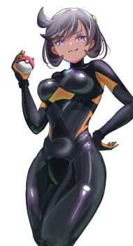 1girl absurdres ahoge black_bodysuit black_hair bodysuit breasts commentary curvy emma_(pokemon) hand_on_own_hip highres holding holding_poke_ball looking_at_viewer nintendo poke_ball pokemon pokemon_legends:_z-a purple_eyes shiny_clothes simple_background skin_tight smile smug solo ver_min27 white_background wide_hips