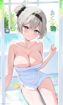 1girl absurdres bare_shoulders bathtub black_hairband blue_eyes blue_flower breasts cleavage clock closed_mouth collarbone commentary_request firefly_(honkai:_star_rail) flower gradient_eyes grey_hair hair_bun hairband hand_up highres honkai:_star_rail honkai_(series) large_breasts looking_at_viewer multicolored_eyes naked_towel on_floor paid_reward_available plant potted_plant purple_eyes rosumerii rubber_duck sitting smile solo thighs tile_floor tiles towel two-tone_eyes water wet window