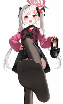 1girl blue_archive blush feet han_(hehuihuihui) hand_on_own_hip highres long_hair looking_at_viewer mutsuki_(blue_archive) open_mouth red_eyes shoes side_ponytail single_shoe soles thighhighs toes unworn_shoes white_hair