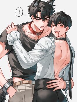 ! 2boys :d absurdres animal_ears bite_mark bite_mark_on_neck black_hair black_shirt blood blood_from_mouth blouse blush collar commentary cowboy_shot cuffs double-parted_bangs fangs frills furry furry_male hair_between_eyes hand_in_pocket handcuffs hickey highres kim_dokja looking_at_viewer male_focus midriff_peek multiple_boys omniscient_reader's_viewpoint open_mouth papercider red_eyes shirt shirt_tucked_in short_hair smile spoken_exclamation_mark symbol-only_commentary tail torn_clothes torn_shirt white_shirt wolf_boy wolf_ears wolf_tail yaoi yoo_joonghyuk