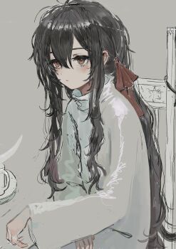 1girl black_hair blush chair cup dress expressionless grey_background hair_ribbon highres lead_white_(tsurunoka) long_hair long_sleeves original red_eyes red_ribbon ribbon sketch solo steam tsumetai_(tsurunoka) upper_body white_dress