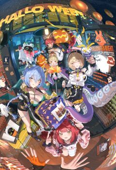 1boy 5girls :d absurdres alice_thymefield animal_ears asymmetrical_shorts balloon bangboo_(zenless_zone_zero) bare_shoulders belle_(zenless_zone_zero) black_hair black_hat black_jacket black_sailor_collar black_unitard blonde_hair blue_hair blush box braid braided_twintails breasts cardigan chest_bow choker cleavage closed_mouth confetti detached_sleeves dog_boy dog_ears fingerless_gloves garter_straps gift gift_box gloves goat_ears goat_girl goat_horns goat_tail green_eyes hair_between_eyes hair_ornament hat hearing_aid heterochromia high-waist_shorts highres holding holding_party_popper hood hood_down horns jacket jewelry kamanosuke_(zenless_zone_zero) key key_choker kneeling komano_manato large_breasts long_hair looking_at_viewer loose_thighhigh low_twin_braids low_twintails lucia_elowen mau_sakura miss_esme_(zenless_zone_zero) mole mole_on_arm mole_under_mouth monster_girl multicolored_hair multiple_girls muscular muscular_male necklace open_mouth orange_gloves party party_popper pink_cardigan pointy_ears pov pov_hands rabbit_ears rabbit_girl raccoon red_eyes red_hair sailor_collar scar scar_across_eye scar_on_chest scar_on_face shirt short_hair shorts single_garter_strap single_glove smile sphere_hair_ornament spiked_jacket standing streamers tail tanuki tentacle_girl tentacle_tail tentacles thigh_strap thighhighs thiren tongue tongue_out twin_braids twintails ukinami_yuzuha very_long_hair white_shirt yellow_eyes yidhari_murphy zenless_zone_zero