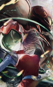 2girls absurdres armor brown_hair commentary commission crossover elbow_gloves faux_retro_artstyle gloves helmet highres jacket kanda_momo long_hair long_sleeves metroid multiple_girls nintendo pauldrons pixiv_commission power_armor power_suit_(metroid) red_jacket renoahh samus_aran shoulder_armor varia_suit white_gloves wonder_momo