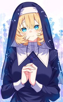 07nono06 1girl absurdres black_dress blonde_hair blue_eyes blush breasts closed_mouth commentary cross cross_necklace dress habit hair_between_eyes highres jewelry large_breasts light_particles long_sleeves medium_hair necklace nun original own_hands_together sleeve_cuffs smile solo upper_body