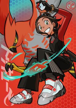 Rule 34 | 1girl, alternate costume, belt, black pants, bracelet, commentary request, earrings, elizabeth (tomas21), eyelashes, gen 4 pokemon, gen 6 pokemon, gloves, green eyes, grin, happy, harmony (pokemon), highres, jewelry, nintendo, pants, partially fingerless gloves, pokemon, pokemon (creature), pokemon legends: z-a, rotom, rotom phone, shirt, shoes, sidelocks, smile, talonflame, teeth, white shoes