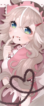 Rule 34 | 1girl, absurdres, animal ears, blue eyes, blush, breasts, chocolate, closed mouth, commentary request, dress, food, food on face, grey hair, hair between eyes, hair ornament, hairclip, headscarf, heart, highres, horse ears, horse girl, horse tail, kurumiya (krmy p), long hair, looking at viewer, multicolored hair, pink dress, pink headscarf, short sleeves, smile, solo, streaked hair, tail, tongue, tongue out, umamusume, valentine, wonder acute (umamusume)