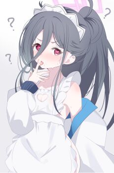 1girl ? ?? apron black_hair blue_archive blush breasts cleavage_cutout clothing_cutout commentary frilled_apron frills hair_between_eyes halo heart heart-shaped_pupils heart_cutout highres jacket kanimiso30601 kei_(blue_archive) licking licking_finger long_hair looking_at_viewer maid_headdress naked_apron official_alternate_costume open_clothes open_jacket ponytail red_eyes simple_background small_breasts solo symbol-only_commentary symbol-shaped_pupils tongue tongue_out white_apron white_background white_jacket