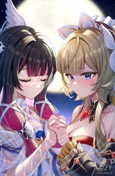 2girls bare_shoulders black_hair blue_eyes blush breasts cleavage closed_eyes columbina_(genshin_impact) commentary_request detached_sleeves dress facing_another full_moon gem genshin_impact highres interlocked_fingers long_hair long_sleeves looking_at_viewer moon multicolored_hair multiple_girls no_gloves purple_hair red_gemstone sandrone_(genshin_impact) short_hair_with_long_locks two-tone_hair wanatsu_15 white_dress