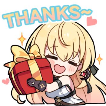 1girl :d =_= bare_shoulders black_gloves blonde_hair box closed_eyes commentary earrings english_commentary english_text gift gift_box gloves heart holding holding_gift jewelry lowres noya_(stella_sora) official_art open_mouth shirt sideless_shirt simple_background single_earring sleeveless sleeveless_shirt smile solo sparkle_earrings stella_sora thank_you transparent_background underbust white_shirt