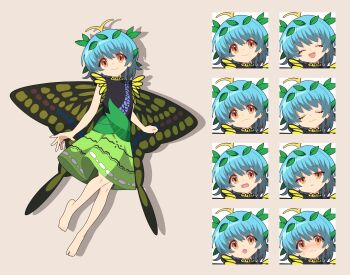 >:( 1girl 4rion :d :o antennae bare_arms bare_legs barefoot blue_hair blush brown_eyes butterfly_wings closed_eyes closed_mouth commentary_request dress drop_shadow eternity_larva full_body highres insect_wings leaf leaf_on_head looking_at_viewer multicolored_dress multiple_expressions nose_blush open_mouth short_hair simple_background sleeveless sleeveless_dress small_sweatdrop smile solo tachi-e tearing_up touhou v-shaped_eyebrows wings