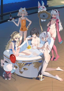 5girls absurdres animal_ears apron aqua_eyes ass back balloon barefoot bathing bathtub black_hair blonde_hair blush bottle breasts camellya_(wuthering_waves) carlotta_(wuthering_waves) casual_nudity cat_ears champagne_flute cleft_of_venus coat coat_on_shoulders commentary_request cup cupcake drinking_glass exhibitionism female_rover_(wuthering_waves) food gloves hairband hand_on_own_hip hat highres kneeling long_hair margherita_(wuthering_waves) medium_breasts multiple_girls naked_apron nipples paid_reward_available phoebe_(wuthering_waves) pink_thighhighs public_indecency public_nudity purple_eyes pussy rover_(wuthering_waves) single_thighhigh small_breasts stirrup_legwear thighhighs toeless_legwear tubpup_(wuthering_waves) uncensored water white_hair white_thighhighs wuthering_waves xiao_lin_jiu