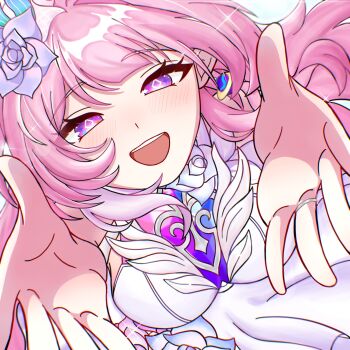 1girl blush breasts cyrene_(honkai:_star_rail) cyrene_(ripples_of_past_reverie)_(honkai:_star_rail) earrings flower hair_flower hair_ornament highres honkai:_star_rail honkai_(series) jewelry large_breasts long_hair mumm_36 open_mouth outstretched_arms pink_hair purple_eyes ring single_earring smile solo