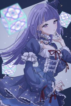 1girl absurdres aikatsu!_(series) blue_dress blunt_bangs blunt_ends blunt_sidelocks blurry center_frills collar depth_of_field dress earrings frilled_collar frilled_dress frilled_sleeves frills guri_(ak1002s) hat highres hikami_sumire jewelry juliet_sleeves long_hair long_sleeves mini_hat puffy_sleeves purple_eyes purple_hair red_ribbon ribbon sidelocks solo sparkle witch_hat
