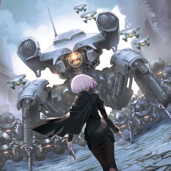 1girl adjusting_clothes adjusting_gloves aiguillette black_pantyhose buttons cape colored_inner_hair destruction dress dutch_angle epaulettes gloves goddess_of_victory:_nikke hair_over_eyes jewelry liliweiss_(nikke) military_uniform multicolored_hair neu_(musyoku-neet) official_art pantyhose rapture_(nikke) ribbon short_hair star-shaped_pupils star_(symbol) strap symbol-shaped_pupils two-tone_cape white_gloves white_hair white_ribbon