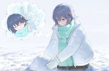 1girl 4meart0112 absurdres bangboo_(zenless_zone_zero) belle_(zenless_zone_zero) black_boots black_skirt blue_hair blush boots character_snowman coat commentary earrings eous_(zenless_zone_zero) gloves green_eyes hair_ornament highres imagining jacket jewelry light_blush scarf short_hair single_earring skirt smile snow solo sparkle squatting v white_gloves white_jacket winter winter_clothes winter_coat zenless_zone_zero