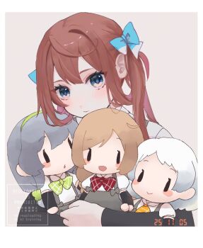 1girl arm_warmers brown_hair character_doll collared_shirt doll dress_shirt grey_background hugging_doll hugging_object kantai_collection long_hair michishio_(kancolle) minegumo_(kancolle) natsugumo_(kancolle) nuno_(pppompon) shirt simple_background solo twintails white_shirt yamagumo_(kancolle)