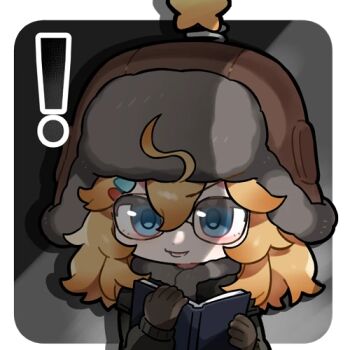 ! 1girl ahoge artist_request blue_eyes book chibi chibi_only coat fur-trimmed_coat fur-trimmed_headwear fur_trim girls'_frontline girls'_frontline_2:_exilium gloves holding holding_book littara_(girls'_frontline_2) lowres official_art orange_hair shadow solo transparent_background upper_body wkp_(girls'_frontline)