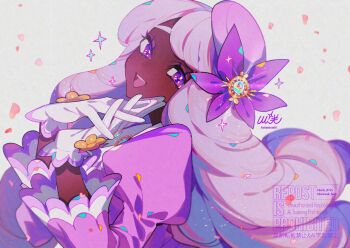 1girl blue_background commentary_request dark-skinned_female dark_skin dress fascinator frills gloves highres jacinthe_(pokemon) jewelry juliet_sleeves kawasaki_(kwsk_8765) long_hair long_sleeves low_drills mega_stone nintendo open_mouth pokemon pokemon_legends:_z-a puffy_sleeves purple_dress purple_hair ring sparkle very_dark_skin white_background white_gloves