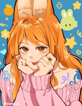 1girl alynomali animal_ears bare_shoulders blue_background collarbone commentary food fruit hands_on_own_cheeks hands_on_own_face head_rest highres jewelry kemonomimi_mode long_hair long_sleeves looking_at_viewer mandarin_orange nami_(one_piece) off-shoulder_sweater off_shoulder one_piece orange_eyes orange_hair pink_sweater rabbit_ears ring shoulder_tattoo solo sparkle star_(symbol) sweater tattoo tongue tongue_out upper_body wavy_hair