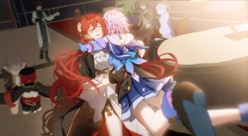 3boys 3girls absurdres animal_ears astral_express_(honkai:_star_rail) black_hair blue_hair blurry brown_hair closed_eyes coat commentary_request dan_heng_(honkai:_star_rail) dan_heng_(hunt)_(honkai:_star_rail) depth_of_field dress gloves grey_hair hat high_heels highres himeko_(honkai:_star_rail) honkai:_star_rail honkai_(series) hug indoors jacket long_hair march_7th_(honkai:_star_rail) march_7th_(preservation)_(honkai:_star_rail) medium_hair multicolored_jacket multiple_boys multiple_girls overskirt pink_hair pleated_skirt pom-pom_(honkai:_star_rail) rabbit_ears red_hair sailor_collar skirt stelle_(honkai:_star_rail) sunday_(honkai:_star_rail) table trailblazer_(honkai:_star_rail) two-tone_jacket very_long_hair welt_yang zassyoku_dd