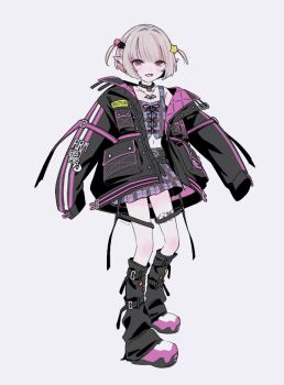 Rule 34 | 1girl, arm belt, bat necklace, belt, belt buckle, black belt, black collar, black jacket, black leg warmers, black straps, blunt bangs, blush, buckle, caution, clothes writing, collar, collarbone, colored inner hair, crop top, cross-laced clothes, cross-laced top, earclip, fang, flame print, food print, fruit print, full body, grey hair, hair intakes, hair ornament, hashtag-only commentary, jacket, jewelry, knee blush, leg belt, leg tattoo, leg warmers, lightning bolt print, looking at viewer, loose belt, makaino ririmu, makaino ririmu (6th costume), midriff, miniskirt, mopyo, multicolored hair, multicolored hair bobbles, multiple belts, navel, necklace, nijisanji, no headwear, o-ring, o-ring collar, o-ring thigh strap, open clothes, open jacket, parted lips, pendant, pink belt, pink hair, pink jacket, pink shoes, pink skirt, pink streaks, plaid clothes, plaid skirt, pleated skirt, pocket, pointy ears, red eyes, shoes, short hair, simple background, skin fang, skirt, sleeves past fingers, sleeves past wrists, smile, solo, spiked collar, spikes, standing, star (symbol), star hair ornament, strawberry print, streaked hair, tattoo, thigh strap, two-sided fabric, two-sided jacket, two-tone hair, two side up, unbuttoned, unzipped, virtual youtuber, white background, winged heart, winged heart tattoo, wolf cut