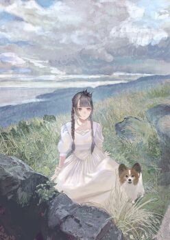 1girl arm_support bead_necklace beads black_hair braid braided_twintails cliff closed_mouth cloud cloudy_sky crown dog dress earrings gloves grass highres horizon jewelry long_dress long_hair looking_afar mini_crown necklace ocean on_ground original outdoors papillon_(dog) pink_eyes puffy_short_sleeves puffy_sleeves purupurualiens rock scenery shore short_sleeves sitting sky solo twin_braids twintails water white_dress white_gloves wide_shot