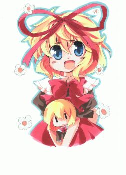 Rule 34 | 1girl, absurdres, black shirt, blonde hair, blue eyes, collar, flower, hair between eyes, hair ribbon, highres, holding, holding stuffed toy, looking at viewer, medicine melancholy, medium hair, milkpanda, open mouth, puffy short sleeves, puffy sleeves, red ribbon, red skirt, ribbon, ribbon trim, shirt, short sleeves, simple background, skirt, smile, solo, stuffed animal, stuffed toy, touhou, white background, white collar