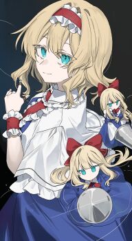 3girls absurdres alice_margatroid apron ascot blonde_hair blue_dress blue_eyes bow bowtie capelet chu_(yuzumeno) doll dress frilled_ascot frilled_hairband frilled_wrist_cuffs frills hair_bow hairband highres hourai_doll jewelry lance multiple_girls polearm puppet_rings puppet_strings red_ascot red_bow red_bowtie red_hairband ring shanghai_doll touhou waist_apron weapon white_capelet wrist_cuffs