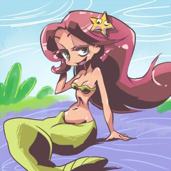 1girl animal_hair_ornament arm_support bikini blush breasts cleavage cloud grass green_bikini green_eyes hair_ornament highres k-nattoh long_hair looking_at_viewer marina_(zig_and_sharko) mermaid monster_girl navel open_mouth red_hair sitting sky small_breasts smile star_(symbol) star_hair_ornament starfish_hair_ornament swimsuit water zig_and_sharko