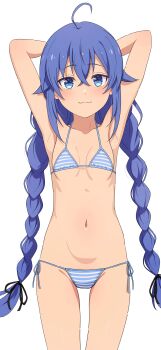 1girl absurdres ahoge arms_behind_head bikini black_ribbon blue_eyes blue_hair braid breasts closed_mouth cowboy_shot crossed_bangs furrowed_brow hair_between_eyes hair_ribbon highres loli long_braid long_hair looking_at_viewer low_twin_braids micro_bikini mushoku_tensei na-suke navel ribbon roxy_migurdia side-tie_bikini_bottom simple_background small_breasts smile solo split_mouth standing stomach straight-on string_bikini striped_bikini striped_clothes swimsuit twin_braids very_long_hair white_background