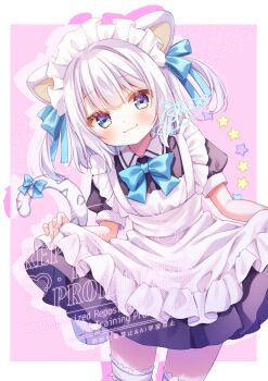 1girl :3 animal_ears apron black_dress blue_bow blue_bowtie blue_eyes blue_ribbon blush border bow bowtie cat_ears cat_girl cat_tail closed_mouth collared_dress contrast_collar cowboy_shot dress frilled_apron frills hair_ribbon hashtag-only_commentary highres looking_at_viewer maid maid_headdress miyahana_yu_(artist) original outside_border pink_background ribbon short_hair short_sleeves signature simple_background skirt_hold smile solo tail tail_bow tail_ornament thighhighs two_side_up watermark white_apron white_border white_hair white_thighhighs