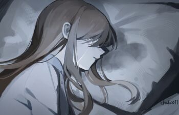 1girl absurdres bang_dream! bang_dream!_it&#039;s_mygo!!!!! blue_eyes brown_hair chaluo11 commentary_request crying highres long_hair lying nagasaki_soyo night on_side parted_lips pillow shirt solo tears white_shirt