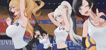 4girls ;d arms_up ball black_hair blake_belladonna blonde_hair blue_eyes bow breasts grey_eyes hair_bow high_ponytail highres indoors large_breasts medium_breasts multiple_girls navel one_eye_closed open_mouth playing_sports ponytail purple_eyes red_hair ruby_rose rwby scar scar_across_eye scar_on_face small_breasts smile sportswear stadium stomach sweat tank_top tying_hair v volleyball volleyball_(object) volleyball_uniform wangxiii weiss_schnee white_hair white_tank_top yang_xiao_long yellow_eyes