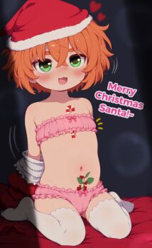 1girl :3 :d absurdres ai-assisted ai-generated arms_behind_back bandeau bare_shoulders blush bow bow_bra bow_panties bra breasts cameltoe candy candy_cane child christmas clothes_pull come_hither commentary crossed_bangs doorway dress english_commentary english_text eyebrows_hidden_by_hair fat fat_man female_focus flat_chest food frilled_bra frilled_panties frilled_underwear frills fur-trimmed_headwear fur_trim green_eyes hair_between_eyes hat highres hina_kurosawa knees_together_feet_apart leaf loli looking_at_another looking_up merry_christmas mistletoe muffin_top navel no_shoes notice_lines open_mouth orange_hair original panties pink_bra pink_panties plant portrait red_hat santa_costume santa_dress santa_hat seductive_gaze seductive_smile short_hair sitting smile smug solo strapless strapless_bra thick_eyebrows thighhighs underwear underwear_only undressing wariza white_thighhighs