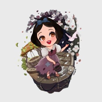 1girl animification bird black_hair bow chibi dress hair_bow holding looking_at_viewer meecosme open_mouth puffy_short_sleeves puffy_sleeves short_hair short_sleeves smile snow_white_(disney) snow_white_and_the_seven_dwarfs_(disney) solo