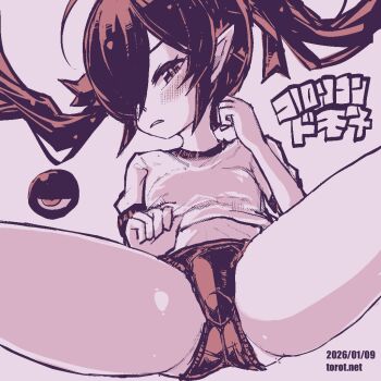 1girl backbeako_(torotei) backbeard blush breasts buruma clothes_lift commentary dated dated_commentary gegege_no_kitarou gym_shirt gym_uniform hair_over_one_eye hair_ribbon hand_up kono_lolicon_domome light_frown loli long_hair looking_at_viewer lying midriff monochrome on_back original paid_reward_available parted_lips pink_background pink_theme pointy_ears ribbon shirt shirt_lift short_sleeves simple_background small_breasts solo spread_legs torotei translated twintails watermark web_address