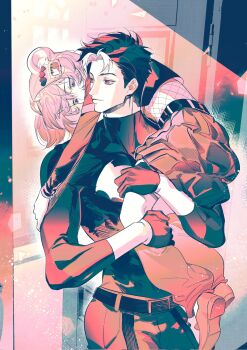 1boy 1girl bat_signal batman_(series) batman_symbol black_bodysuit black_gloves black_hair blue_eyes bodysuit brown_jacket dc_comics gloves grey_bodysuit highres jacket jason_todd multicolored_bodysuit multicolored_hair muscular muscular_male oc_x_canon original pants red_hood_(dc) red_hood_and_the_outlaws rfnyn17381 short_hair superhero_costume taut_bodysuit two-tone_bodysuit two-tone_hair