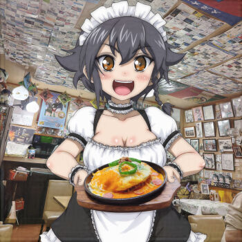1girl apron black_dress black_hair blush braid breasts brown_eyes calendar_(object) chair character_doll choker cleavage collarbone doll dress egg_(food) food girls_und_panzer holding holding_tray large_breasts looking_at_viewer maid maid_apron maid_headdress open_mouth pasta pepperoni pepperoni_(girls_und_panzer) photo_background puffy_sleeves restaurant short_hair short_sleeves side_braid single_braid smile spaghetti standing stuffed_toy t_jiroo_(ringofriend) table tablecloth tray waitress white_apron wrist_cuffs