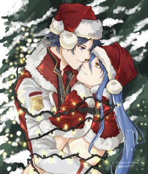 Rule 34 | 1boy, 1girl, black hair, blue hair, capelet, christmas lights, christmas tree, closed mouth, commentary, commission, double-parted bangs, eiyuu densetsu, english commentary, fur-trimmed capelet, fur-trimmed headwear, fur trim, hair between eyes, hat, highres, hug, instagram logo, instagram username, laura s. arseid, long single sidelock, long sleeves, merry christmas, parted bangs, parted lips, patreon logo, patreon username, purple eyes, rean schwarzer, red hat, santa costume, santa hat, sen no kiseki (series), sierra117renner, single sidelock, sleeveless, smile, twitter username, twitter x logo, upper body, watermark, yellow eyes