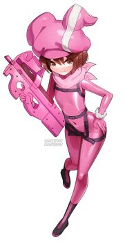 1girl blush bodysuit brown_eyes brown_hair bullpup covered_navel cute_weapon flat_chest full_body gun hand_on_own_hip harness hat highres holding holding_gun holding_weapon latex latex_bodysuit llenn_(sao) looking_at_viewer maguro27 p-chan_(p90) p90 personal_defense_weapon pink_bodysuit pink_hat pink_scarf scarf short_hair skin_tight solo submachine_gun sword_art_online sword_art_online_alternative:_gun_gale_online trigger_discipline weapon white_background