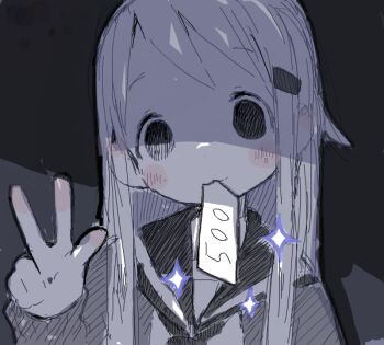 1girl :3 bad_drawr_id bad_id blush cardigan empty_eyes greyscale hair_ornament hairclip hatching_(texture) head_tilt heisei_umare kujira long_hair long_sleeves looking_at_viewer monochrome mouth_hold nakagawa_(heisei_umare) open_cardigan open_clothes paper_in_mouth school_uniform serafuku shadow solo sparkle spot_color upper_body w