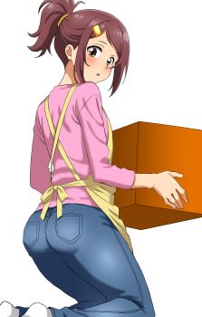 1boy :o absurdres apron ass blush box brown_eyes brown_hair commentary_request hair_ornament hairclip highres holding holding_box june_(pokemon) kneeling looking_down male_focus nintendo nursery_aide_(pokemon) open_mouth pants pink_shirt pokemon pokemon_bw2 ponytail shirt sidelocks simple_background socks solo suretro trap white_socks yellow_apron