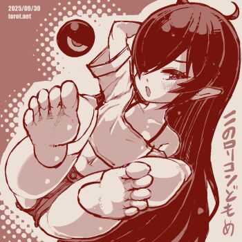 1girl arm_behind_head backbeako_(torotei) backbeard bare_legs barefoot blush brown_background collarbone commentary cropped_shirt dated dated_commentary dutch_angle feet foot_focus gegege_no_kitarou hair_down hair_over_one_eye kono_lolicon_domome long_hair looking_at_viewer micro_shorts midriff monochrome navel off-shoulder_shirt off_shoulder one_eye_closed open_mouth original paid_reward_available petite pointy_ears red_theme shirt short_sleeves shorts simple_background sitting soles solo toes torotei translated two-tone_background watermark web_address white_background